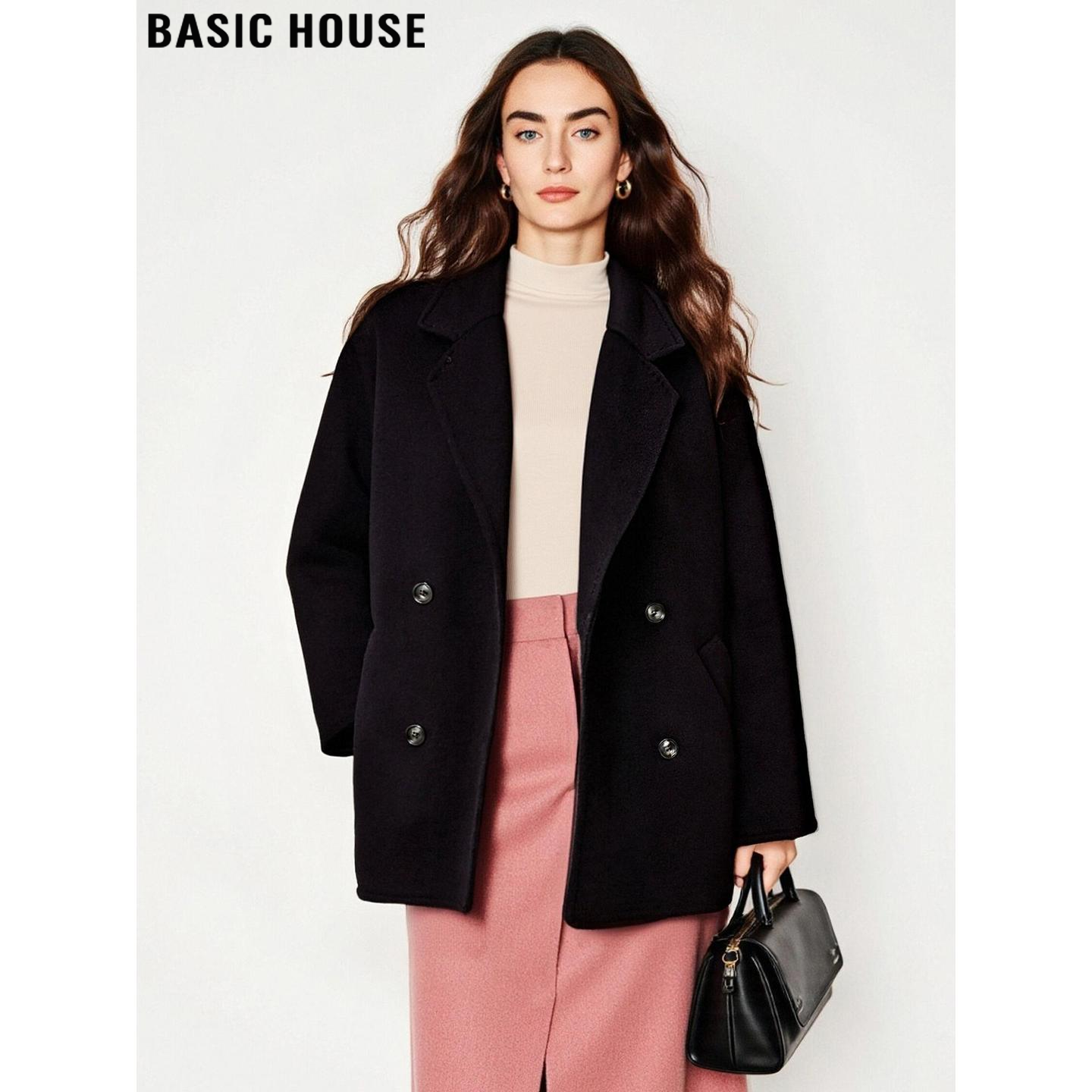 百家好高级气质黑色廓形羊毛大衣