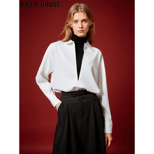House 新款 百家好设计感V领长袖 女2026春季 叠穿衬衣 衬衫 Basic