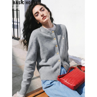 新款 Basic 女2026春季 百家好灰色圆领针织开衫 小马刺绣外套 House