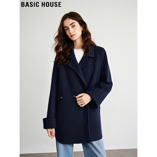 Basic House/百家好英伦风蓝色双面毛呢外套女冬加厚羊毛呢子大衣