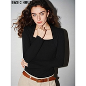 House 百家好黑色方领T恤女2026春季 新款 Basic 内搭修身 打底上衣