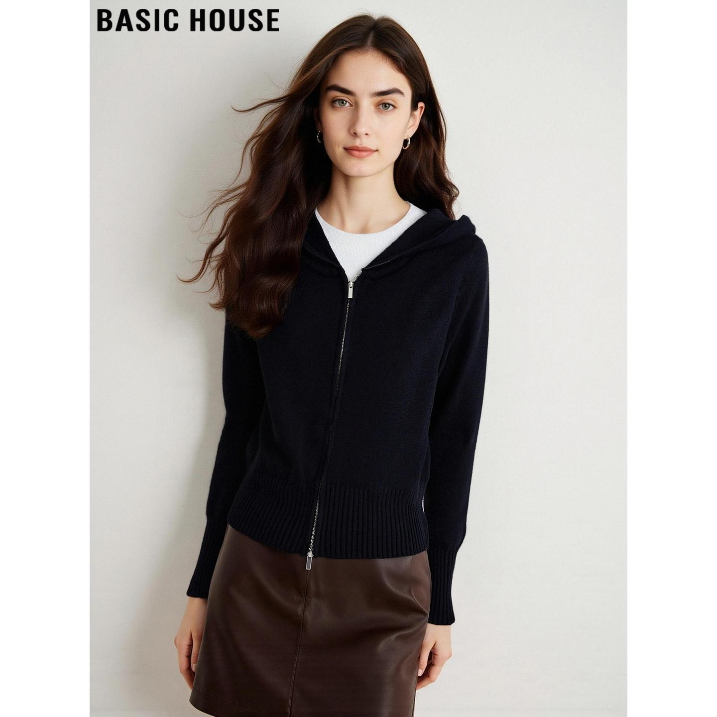 Basic House/百家好黑色连帽针织开衫女士冬季高级感软糯毛衣外套,女装/女士精品,毛针织衫,淘宝优惠券,粉丝福利购,淘宝优惠卷