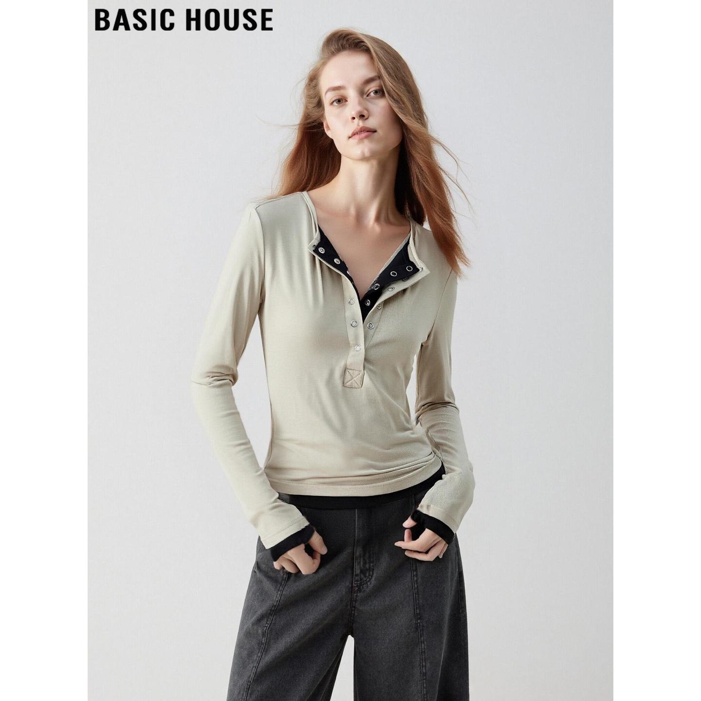 撞色亨利领长袖T恤修身内搭上衣