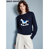 House 百家好藏蓝色圆领针织衫 女2025冬季 Basic 新款 卡通提花毛衣