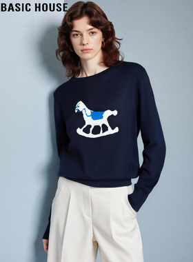 Basic House/百家好藏蓝色圆领针织衫女2025冬季新款卡通提花毛衣