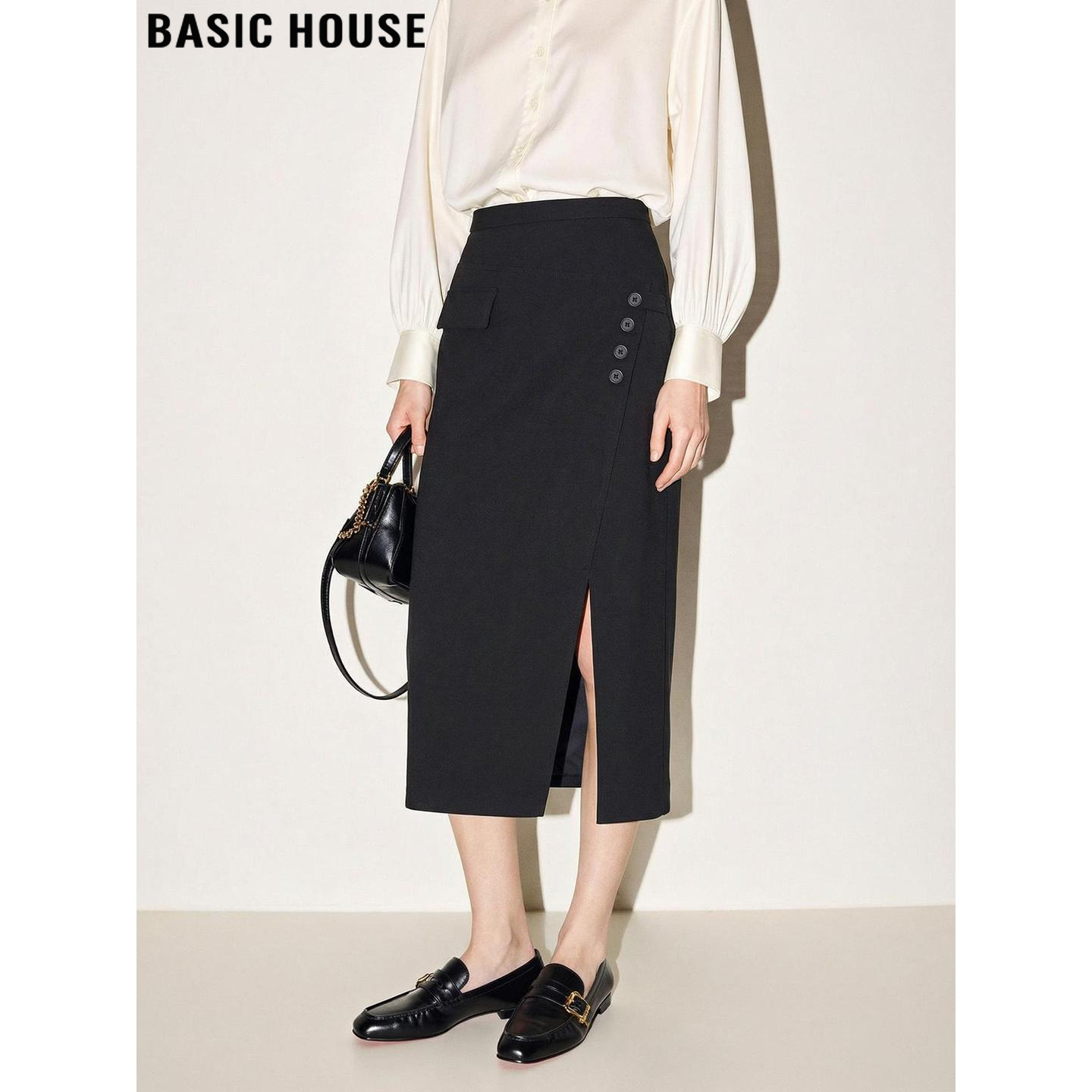 Basic House/百家好高级感开叉西装半身裙女2026春季新款高腰半裙