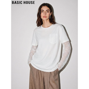 T恤女春季 百家好假两件蕾丝拼接长袖 设计感白色上衣 House Basic