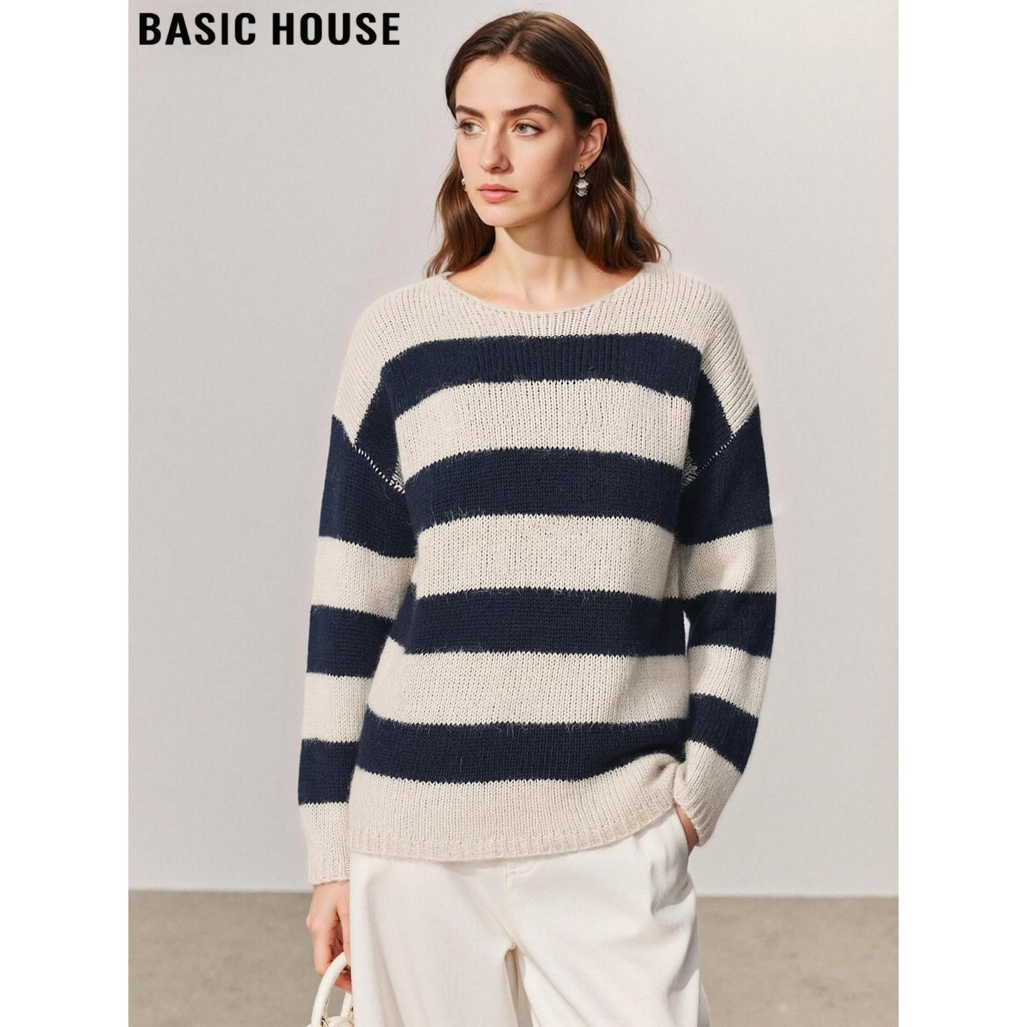Basic House/百家好慵懒风条纹毛衣女2026春季新款圆领套头针织衫,女装/女士精品,毛衣,淘宝优惠券,粉丝福利购,淘宝优惠卷