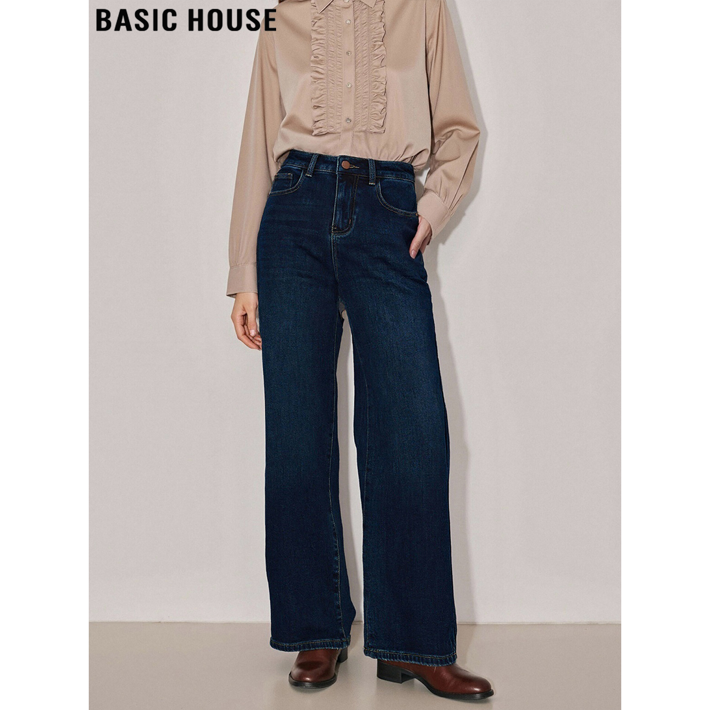 Basic House/百家好复古深蓝色牛仔裤女2026春季新款直筒阔腿裤子