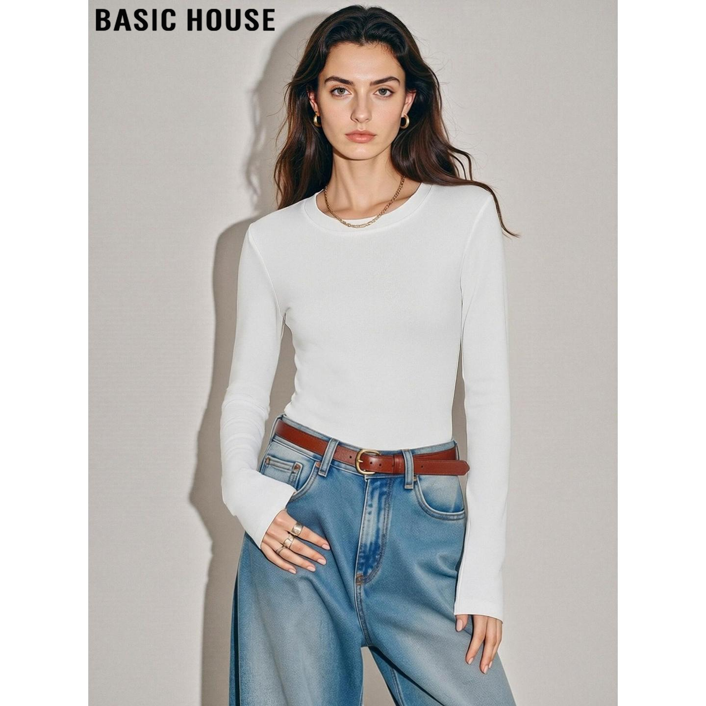 Basic House/百家好白色长袖T恤女2026春季新款内搭圆领正肩上衣,女装/女士精品,T恤,淘宝优惠券,粉丝福利购,淘宝优惠卷