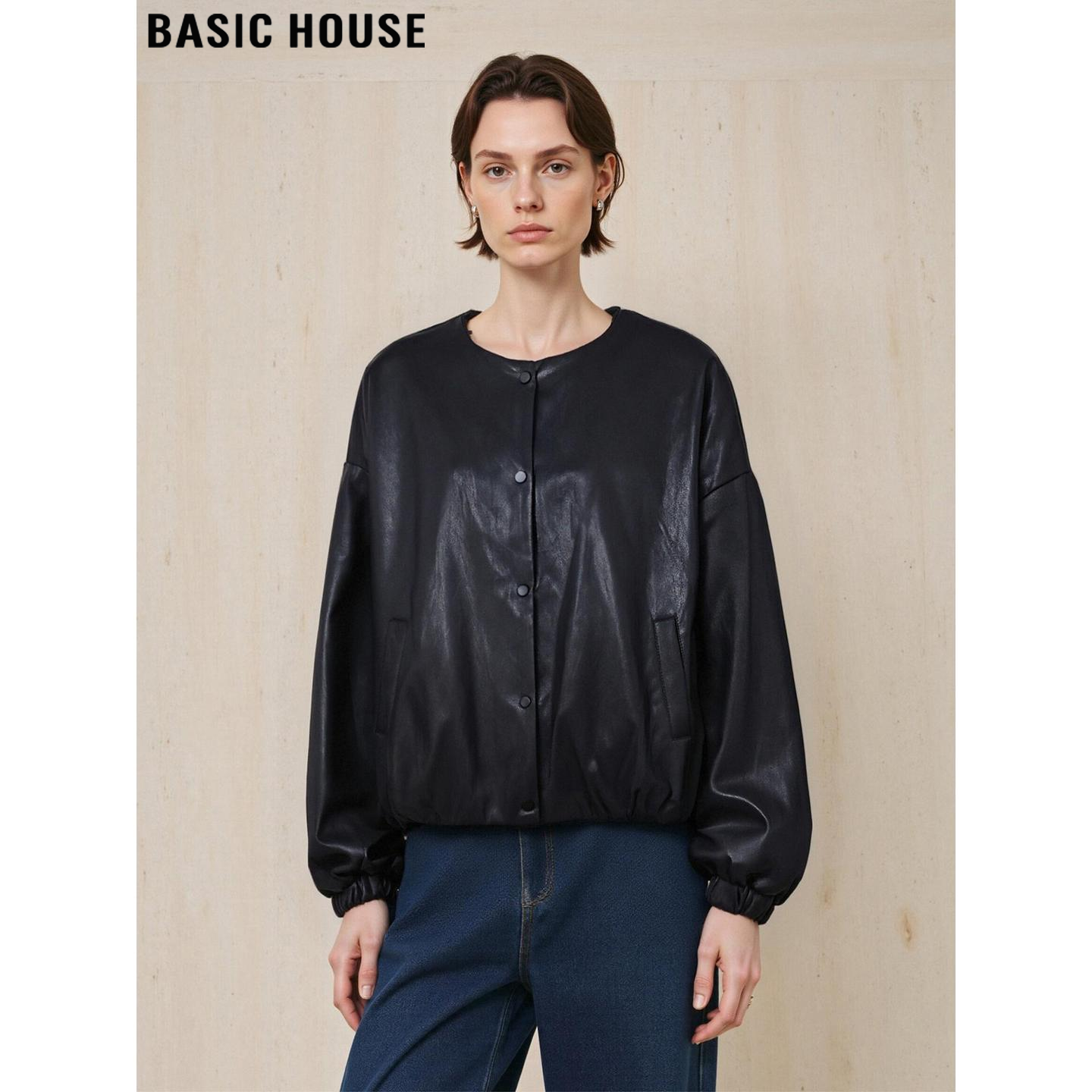 百家好高级感黑色无领PU皮衣外套