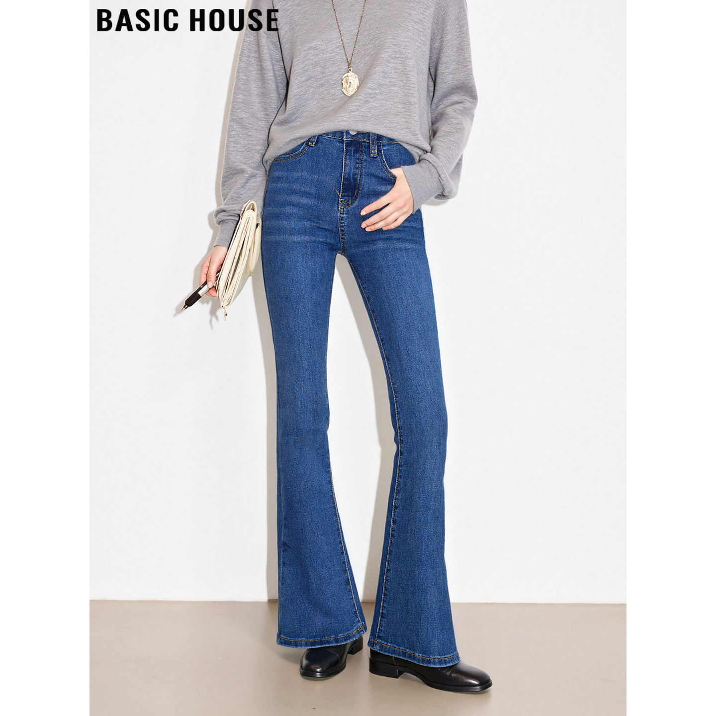 Basic House/百家好复古蓝微喇牛仔裤女冬季含羊毛加绒加厚喇叭裤