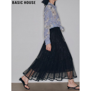 新款 百家好黑色细闪网纱半身裙女2026春季 高腰大摆裙 House Basic
