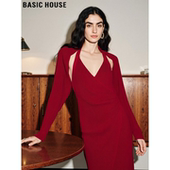 百家好新年红带披肩针织裙女士2026春季 Basic House 毛衣裙两件套