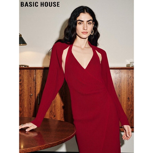 Basic House/百家好新年红带披肩针织裙女士2026春季毛衣裙两件套