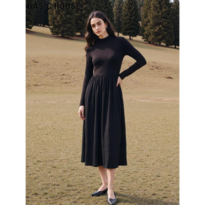 黑色半高领连衣裙高腰打底A字裙