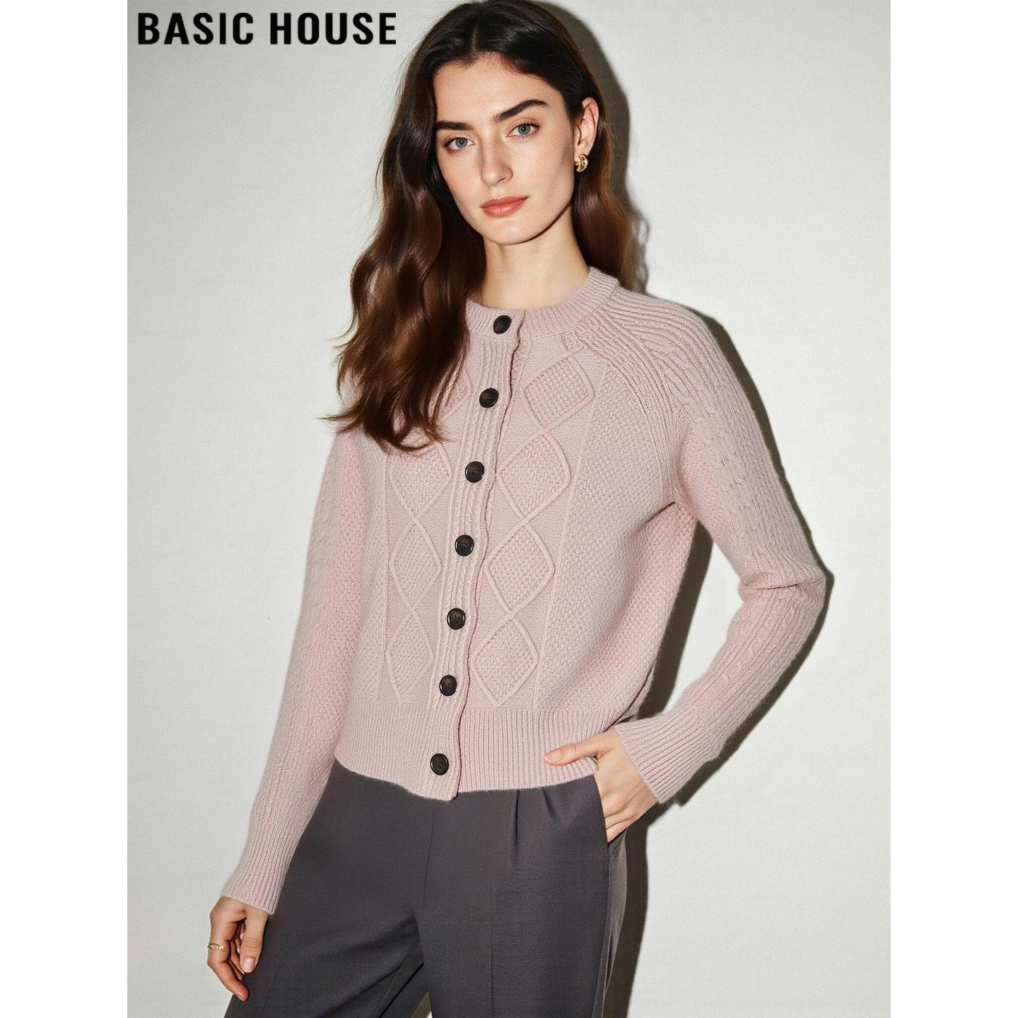 Basic House/百家好粉色圆领针织衫女士2026春季新款软糯羊毛开衫,女装/女士精品,毛针织衫,淘宝优惠券,粉丝福利购,淘宝优惠卷