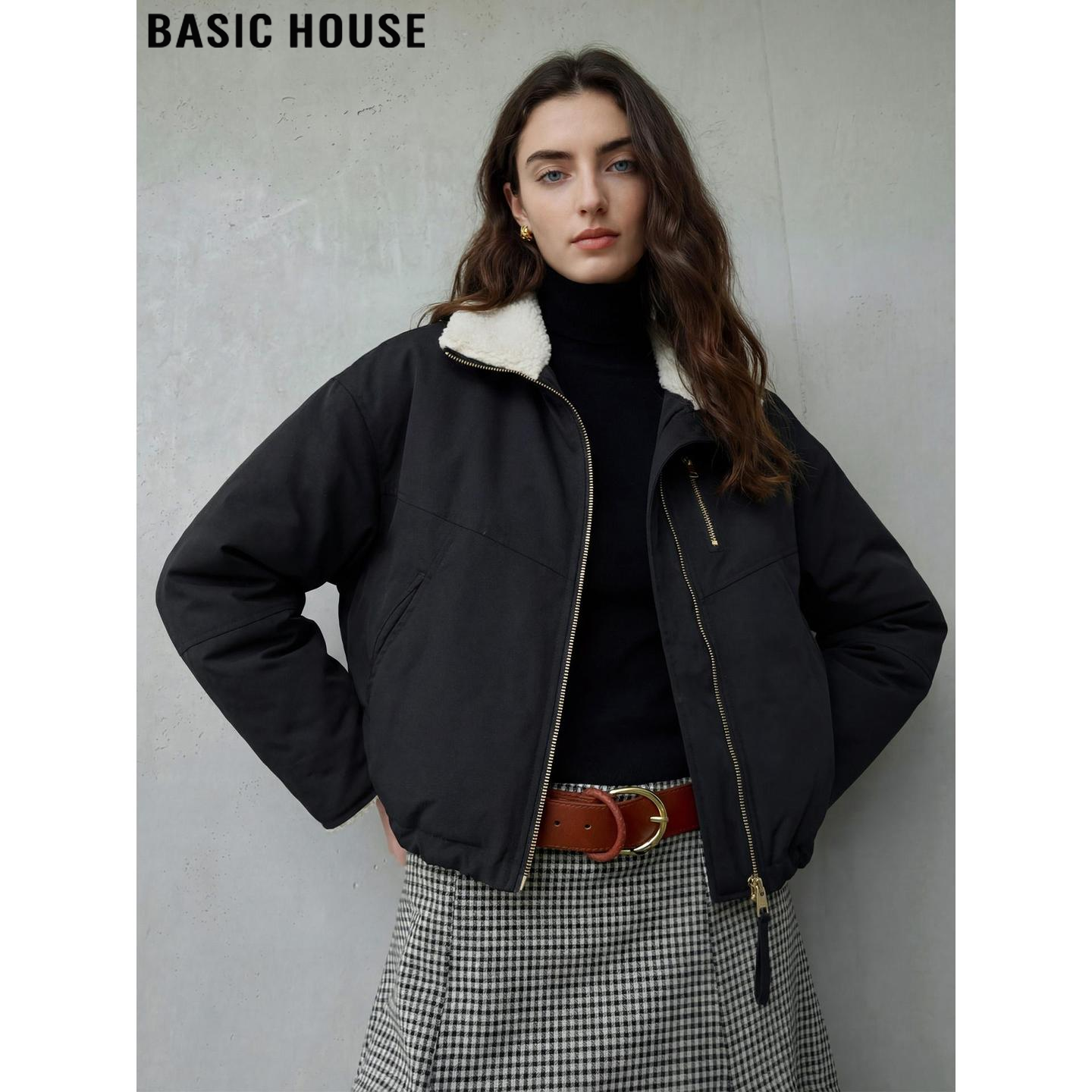 Basic House/百家好黑色毛领拼接棉服外套女冬季加厚保暖棉衣夹克