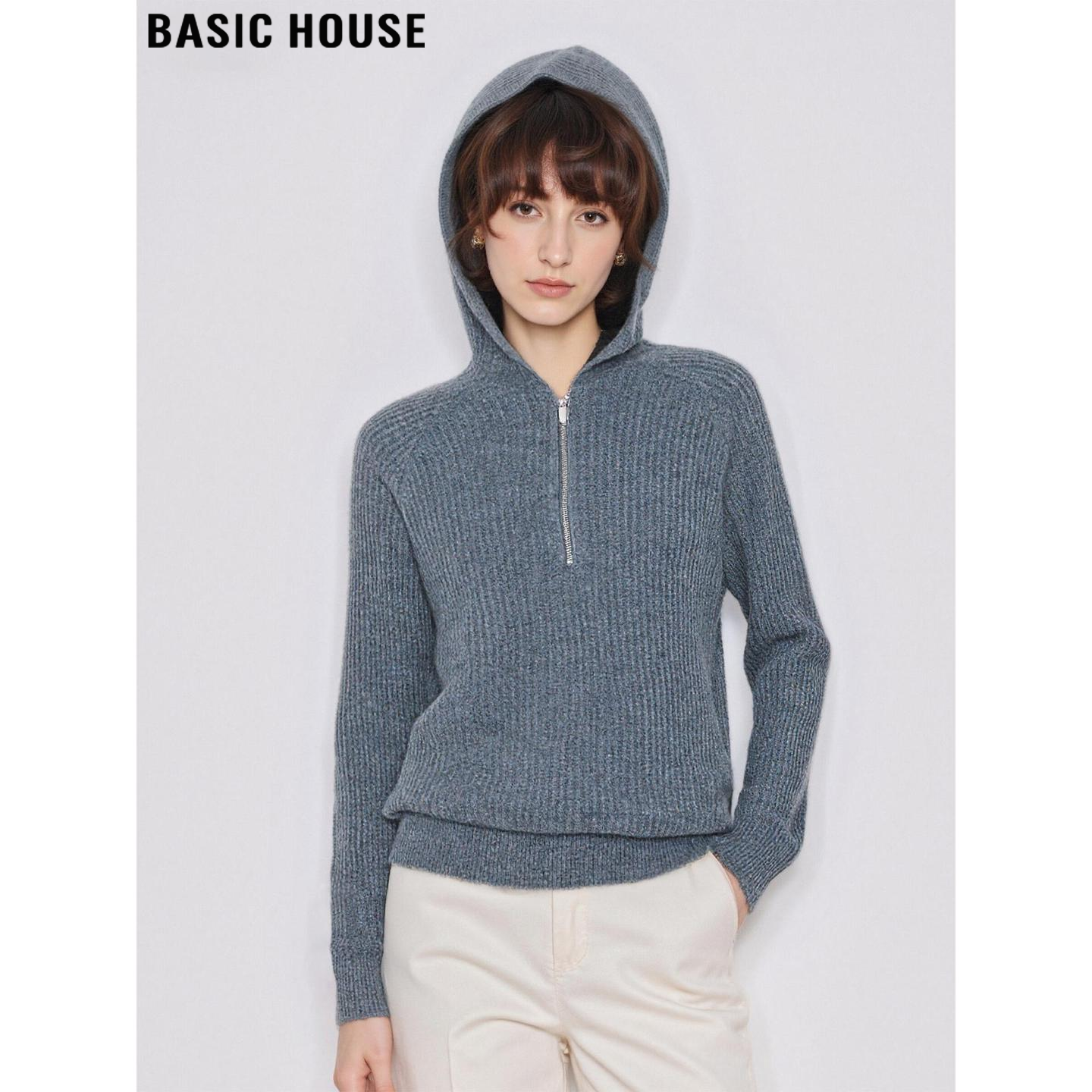 Basic House/百家好慵懒风半拉链连帽针织卫衣女冬季套头打底毛衣,女装/女士精品,毛针织衫,淘宝优惠券,粉丝福利购,淘宝优惠卷