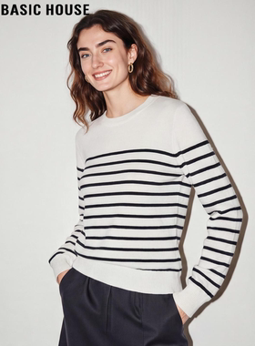Basic House/百家好条纹圆领针织衫女2026春季新款宽松软糯打底衫