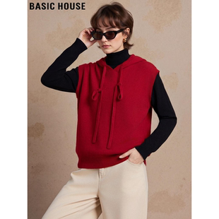Basic House/百家好新年红抽绳连帽针织马甲女士春季叠穿坎肩毛衣