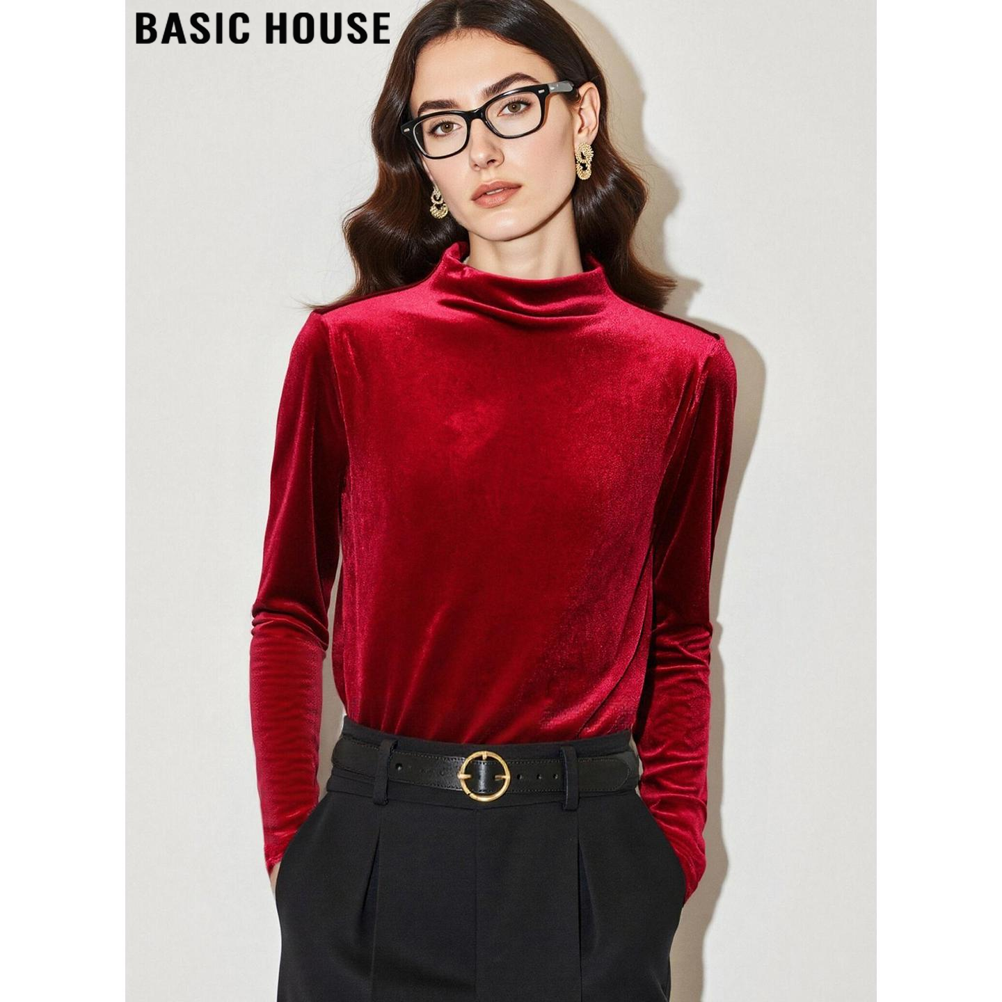 百家好红色金丝绒半高领打底衫女