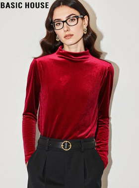 Basic House/百家好新年红色金丝绒打底衫女2026春季新款内搭上衣
