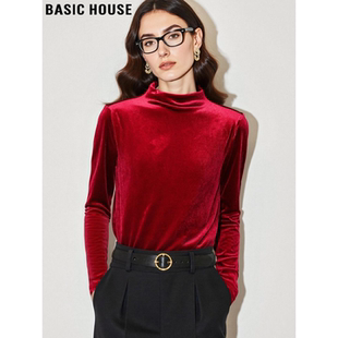 Basic House/百家好新年红色金丝绒打底衫女2026春季新款内搭上衣