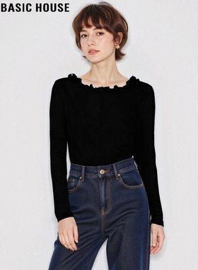 Basic House/百家好黑色木耳边长袖T恤女2026春季新款修身打底衫