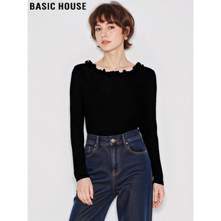 T恤女2026春季 百家好黑色木耳边长袖 新款 修身 Basic 打底衫 House