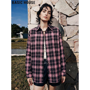新款 Basic 外套女2026春季 百家好粉色格子衬衫 复古翻领衬衣 House