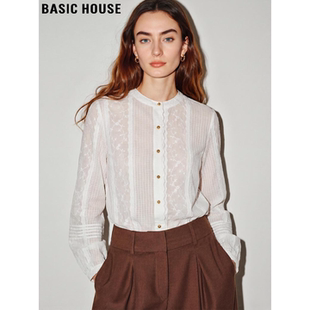 House 新款 百家好法式 女2026春季 圆领衬衣 别致刺绣白色衬衫 Basic