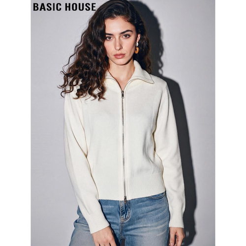 百家好简约白色翻领拉链外套女