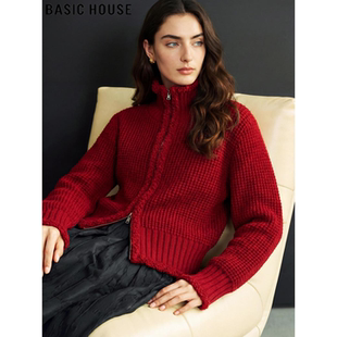 Basic House/百家好红色羊毛针织开衫女2026春季新款拉链立领外套