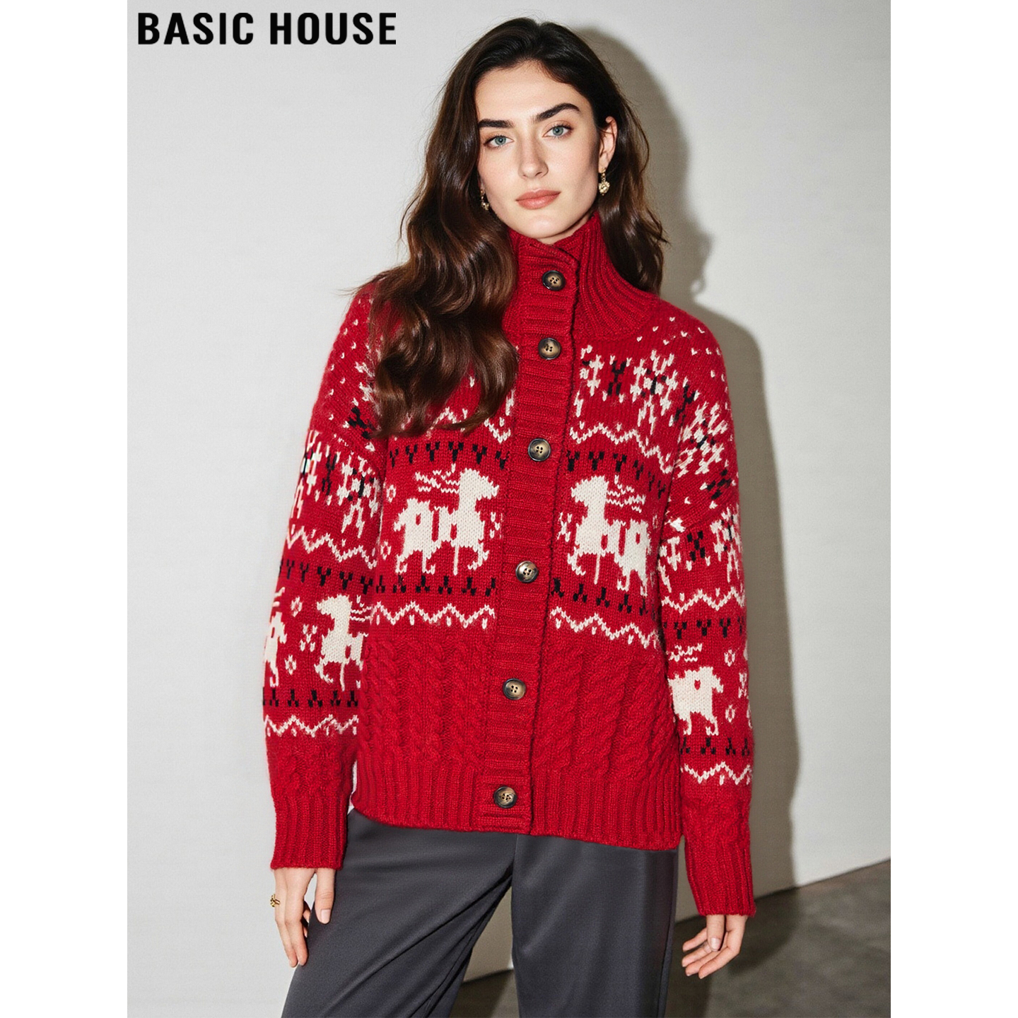 Basic House/百家好新年红提花高领羊绒衫女冬季软糯羊毛针织开衫,女装/女士精品,羊绒衫,淘宝优惠券,粉丝福利购,淘宝优惠卷