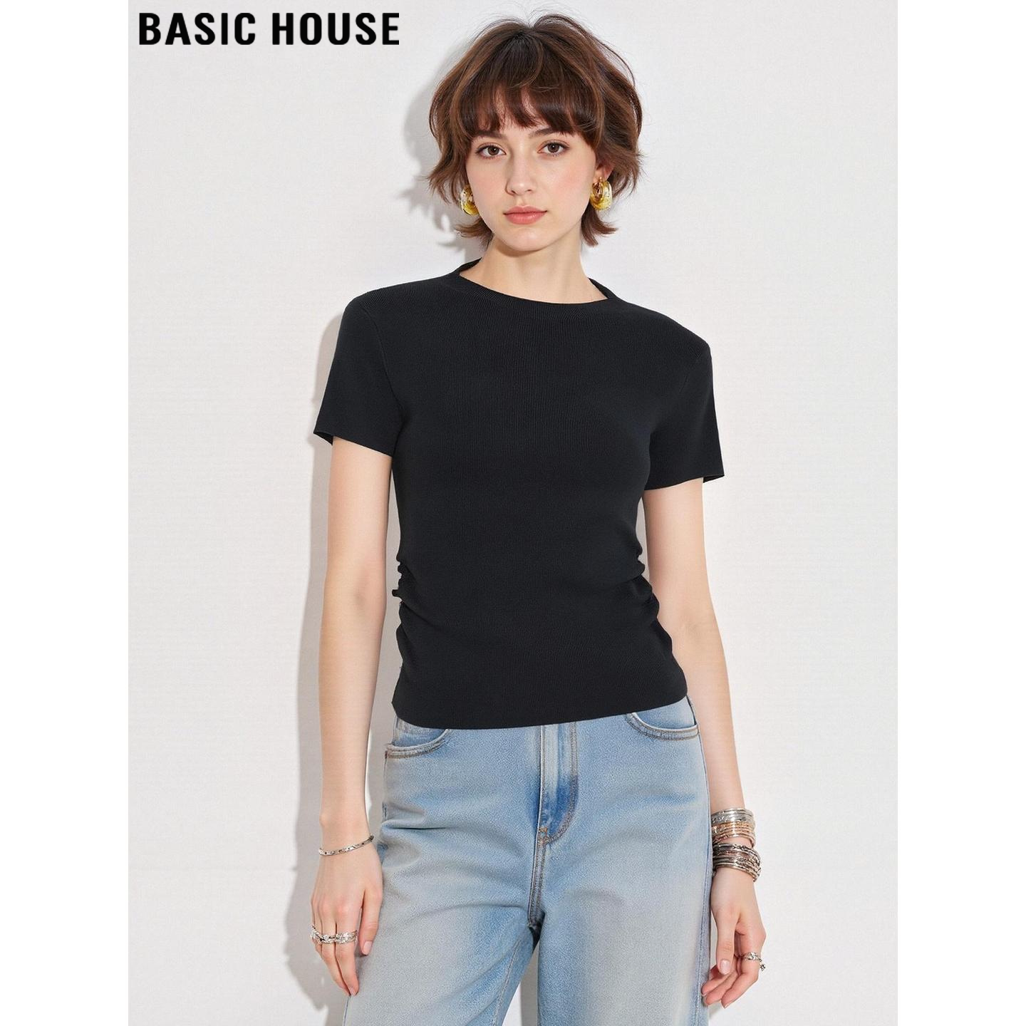 Basic House/百家好黑色圆领短袖T恤女夏季褶皱收腰显瘦针织上衣