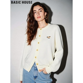 百家好杏色刺绣圆领针织开衫 Basic House 女冬高级感软糯毛衣外套