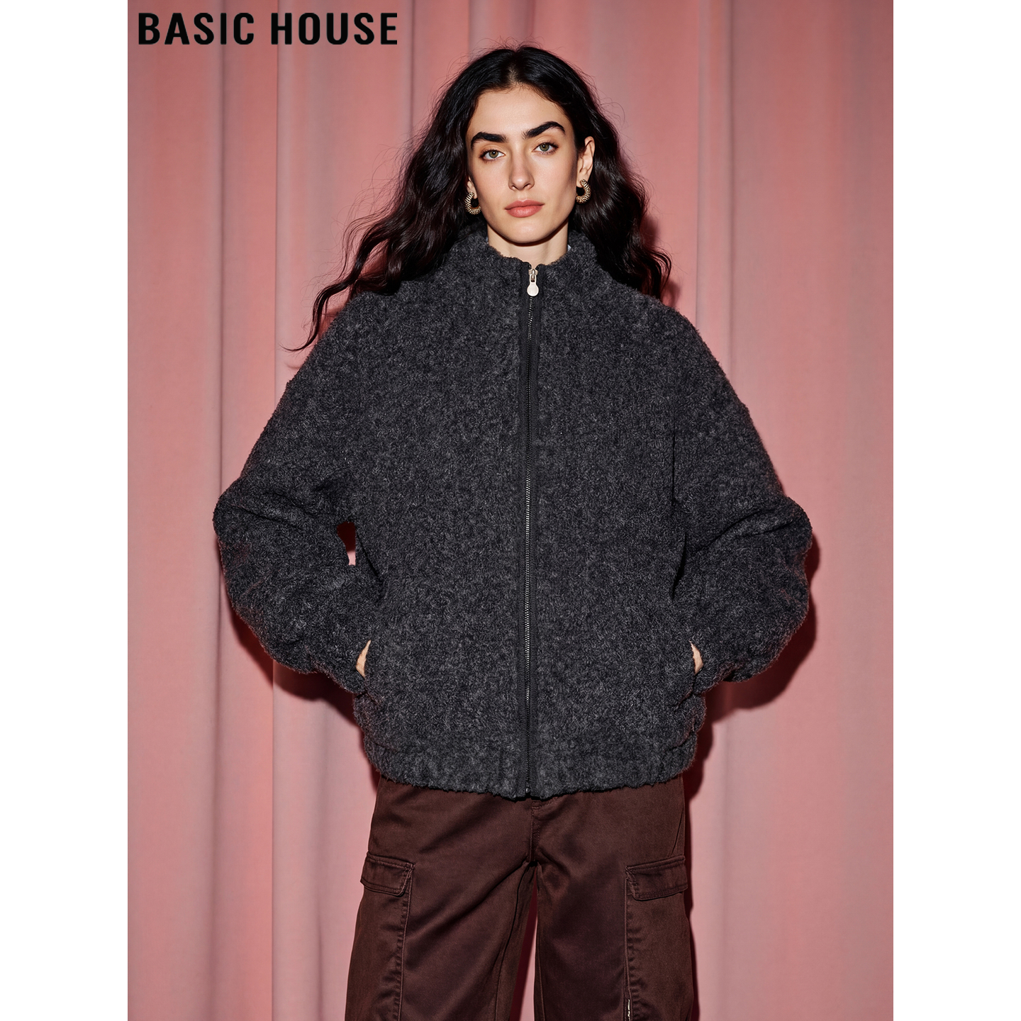 百家好深灰色立领羊毛针织开衫女