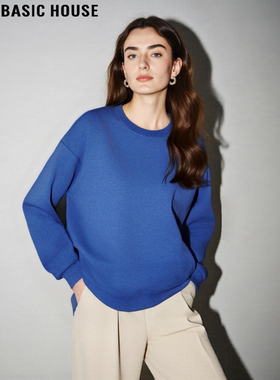 Basic House/百家好宝蓝色圆领卫衣女冬季内搭加厚宽松套头打底衫