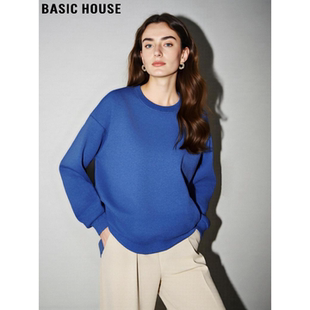 内搭加厚宽松套头打底衫 百家好宝蓝色圆领卫衣女冬季 House Basic