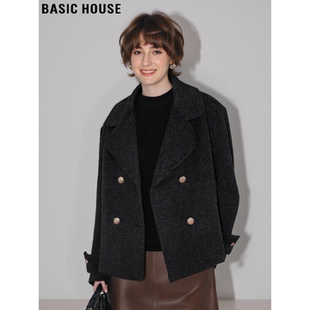 Basic House/百家好黑灰色100%双面羊毛大衣女冬季小个子毛呢外套