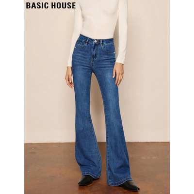 百家好复古蓝微喇叭裤加绒牛仔裤