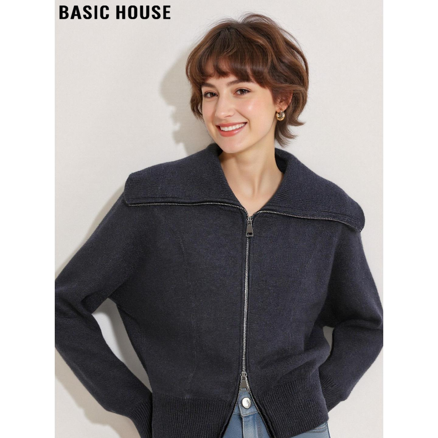 Basic House/百家好双拉链翻领针织衫女2026春季新款短款毛衣外套,女装/女士精品,毛衣,淘宝优惠券,粉丝福利购,淘宝优惠卷