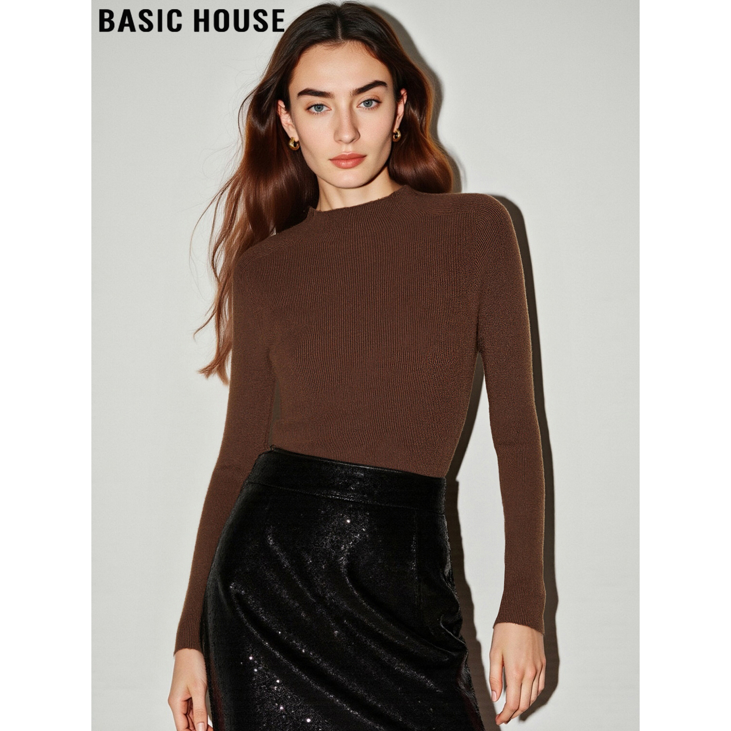 百家好美拉德咖色半高领针织衫女