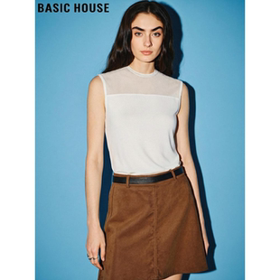 背心女夏季 百家好白色冰丝无袖 网纱拼接圆领坎肩T恤 House Basic