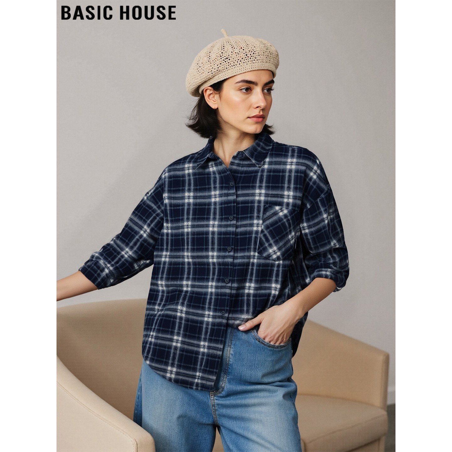 百家好藏蓝色格子衬衫外套女打底