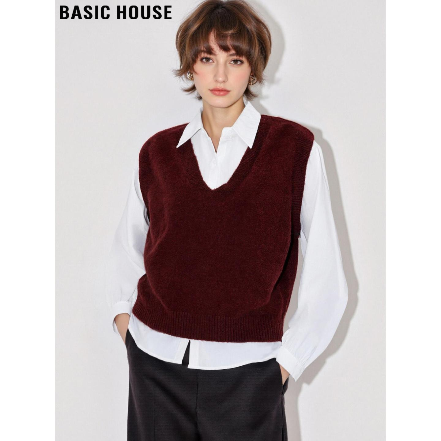 红色V领针织马甲衬衫叠穿两件套