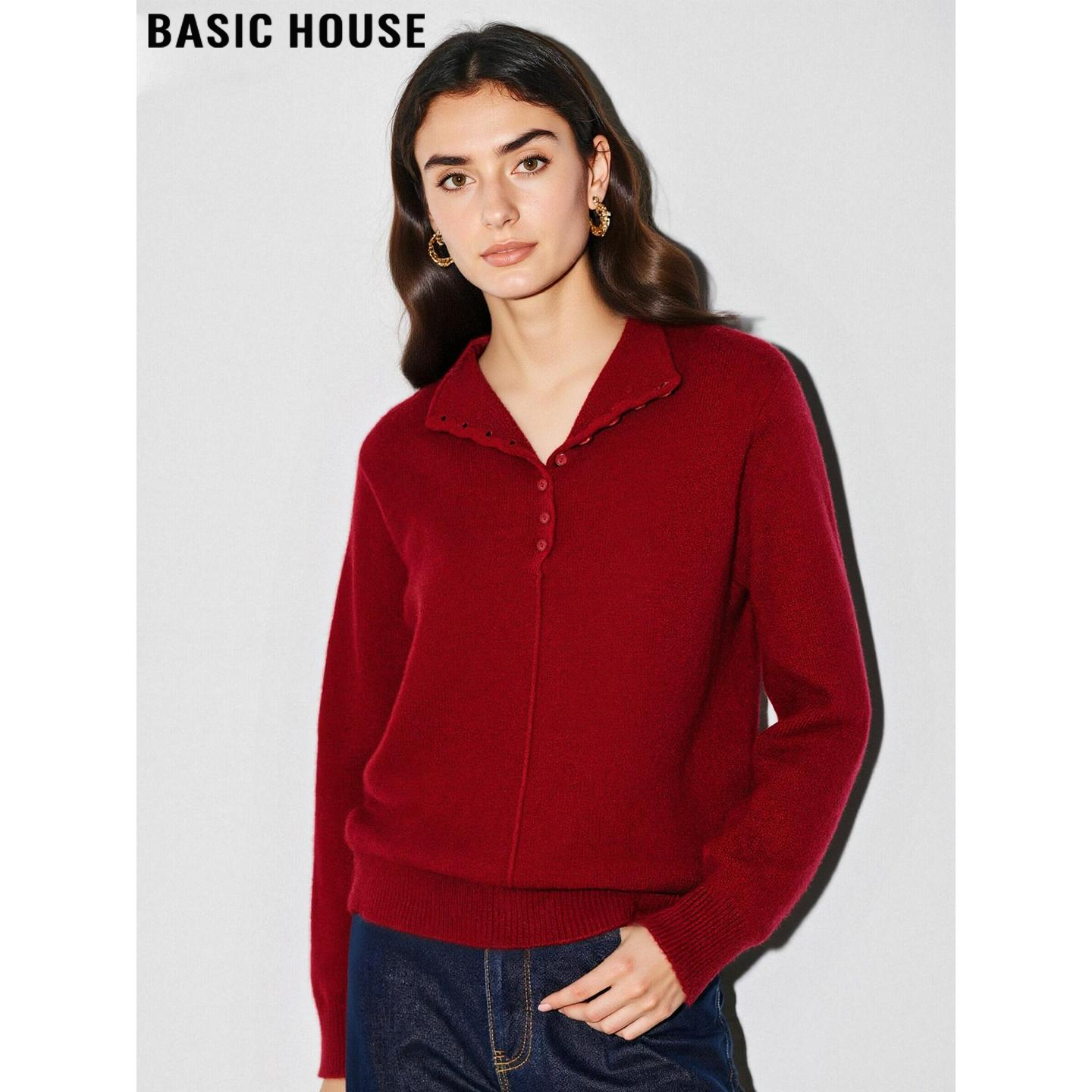 红色半开领针织衫内搭软糯毛衣女