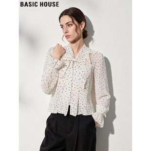 Basic House/百家好法式波点系带领衬衫女2026春季新款荷叶边衬衣