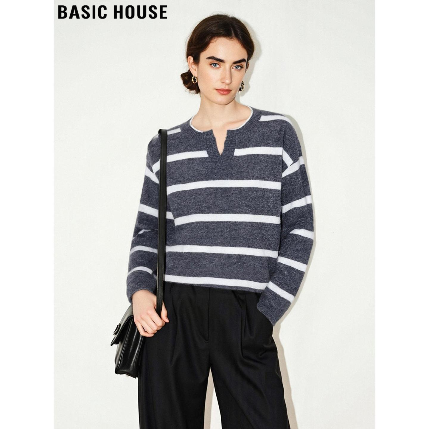 Basic House/百家好条纹小V领羊毛针织衫女2026春季新款软糯毛衣,女装/女士精品,毛针织衫,淘宝优惠券,粉丝福利购,淘宝优惠卷